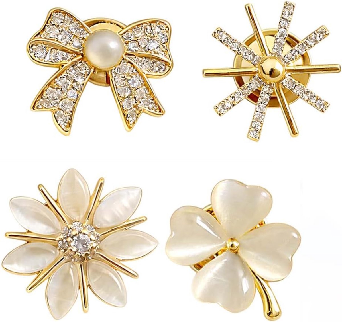 Broches voor dames, met doos, veiligheidsspeld voor hals en kraag, verschillende designs (strik, bloem, klaver), elegant accessoire voor overhemden en jurken