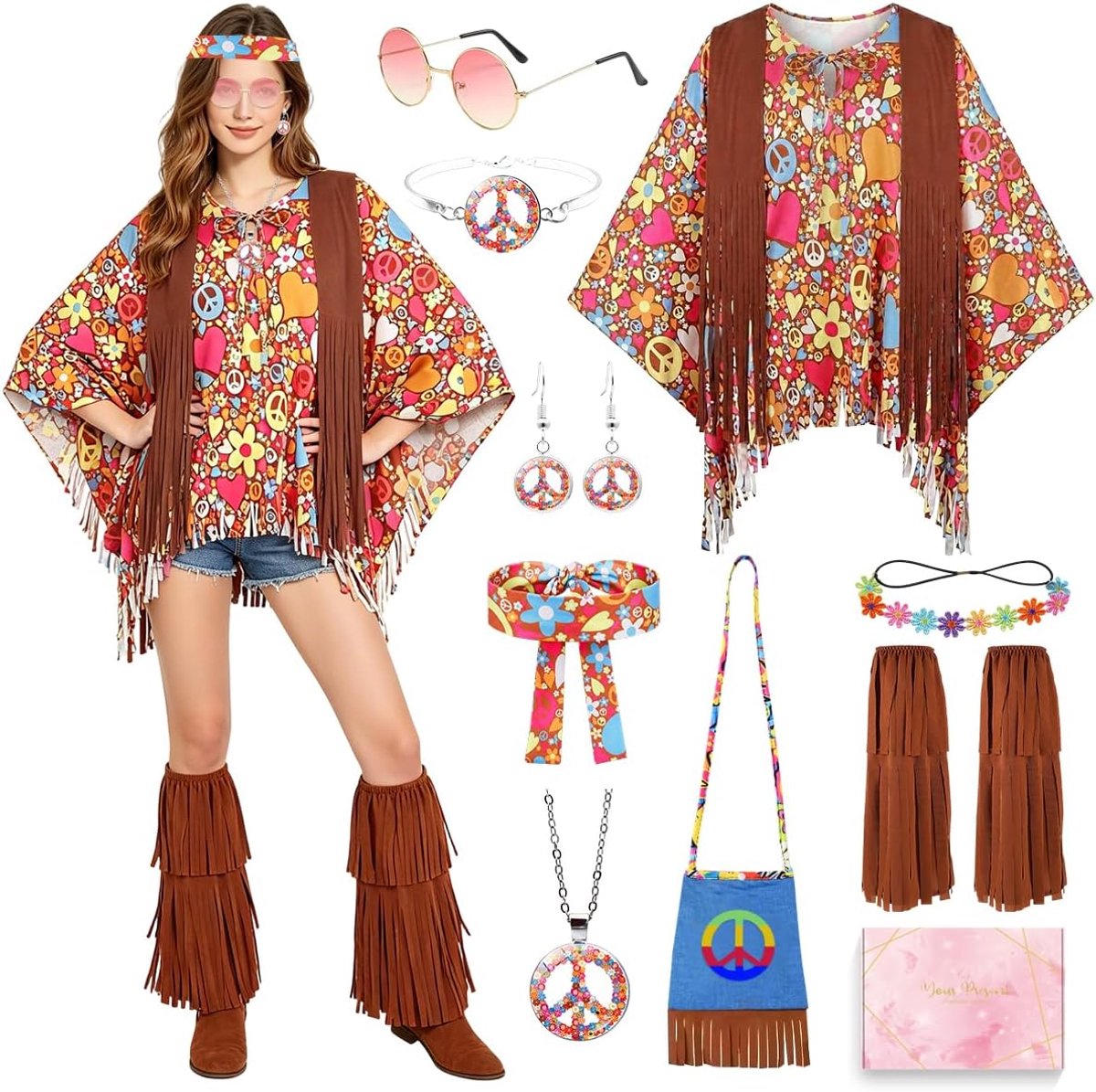 Hippiekostuum voor dames, jaren 70-outfit en accessoires, tassen, zonnebril, hippie-poncho, carnaval, jaren '70-kostuum voor dames, voor cosplay, Halloween en retro feestjes