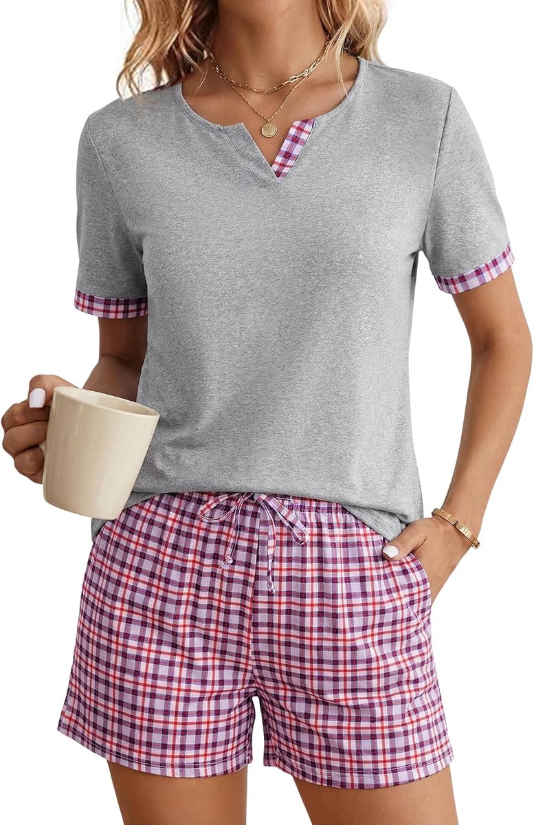 Damespyjama met geruite pyjama met korte mouwen en V-hals, effen pyjamatop met tartan shorts, S-XXL