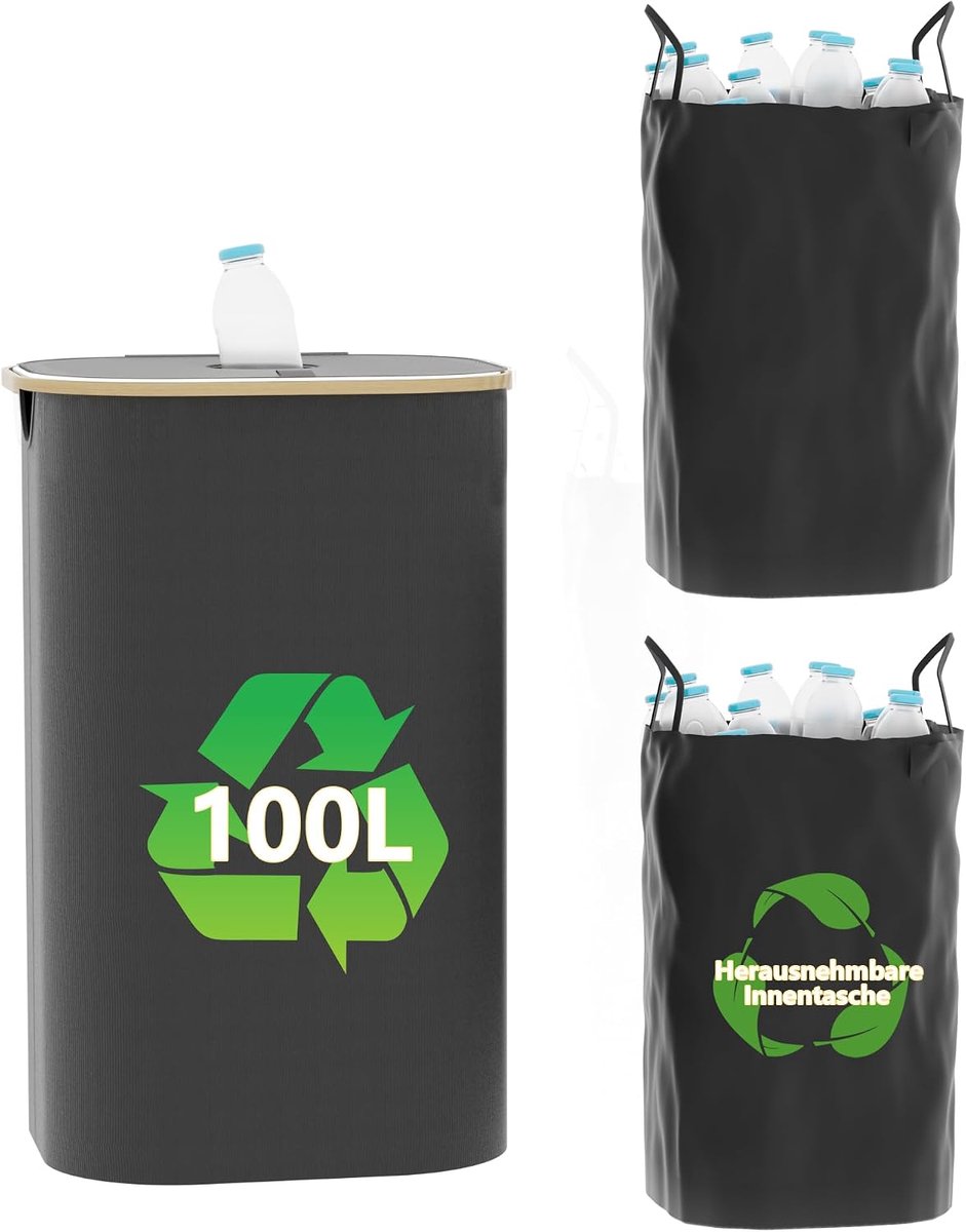 100L opvouwbaar met deksel, inclusief 2 opbergzakken, sorteerbak voor glas, blikken en statiegeldflessen, wasbaar en herbruikbaar model