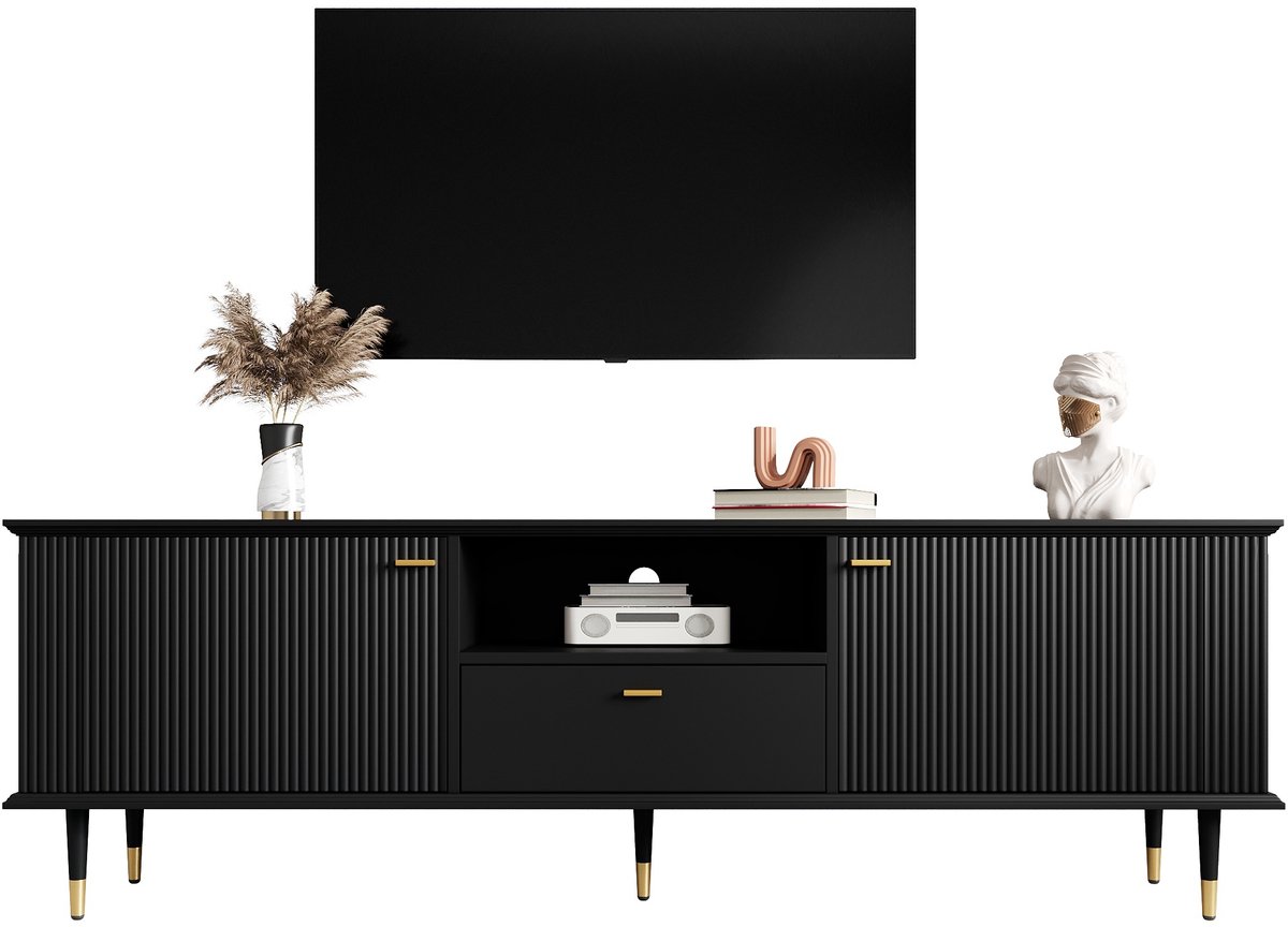 tv meubel Zwart 170 cm - Open vak, lade en soft-close deuren - Gouden metalen poten en grepen - Geïntegreerd kabelmanagement - Draagvermogen 50 kg