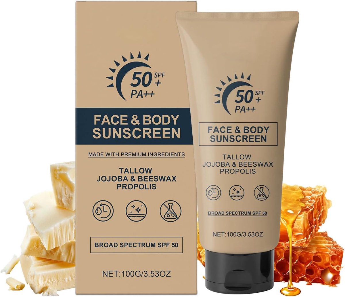 Tallow Sunscreen SPF 50, rundertalg zonnecrème voor gezicht en lichaam, niet-nano-zink hydraterende zonnebrandbalsem, waterdicht, zweetbestendig, langdurige bescherming, 100 g