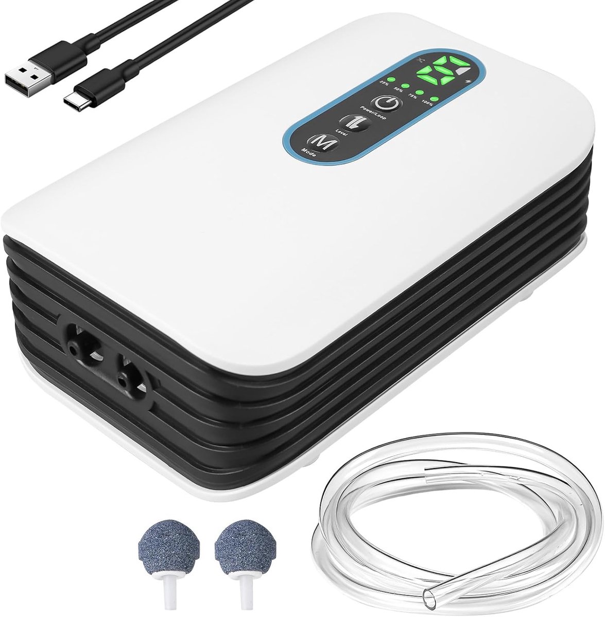 Luchtpomp, oplaadbare zuurstofpomp 2600 mAh met dubbele uitlaat, 2 modi & 3 l/min doorstroom, ultra stille een quariumpomp voor vissen, stroomuitval, USB en batterijwerking