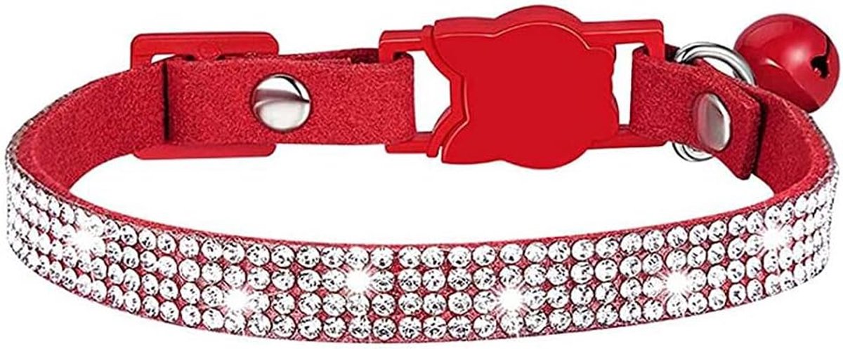 Halsbanden met bel bling huisdier puppy halsbanden met zachte fluwelen kristallen halsbanden meisje juwelen ketting (rood)