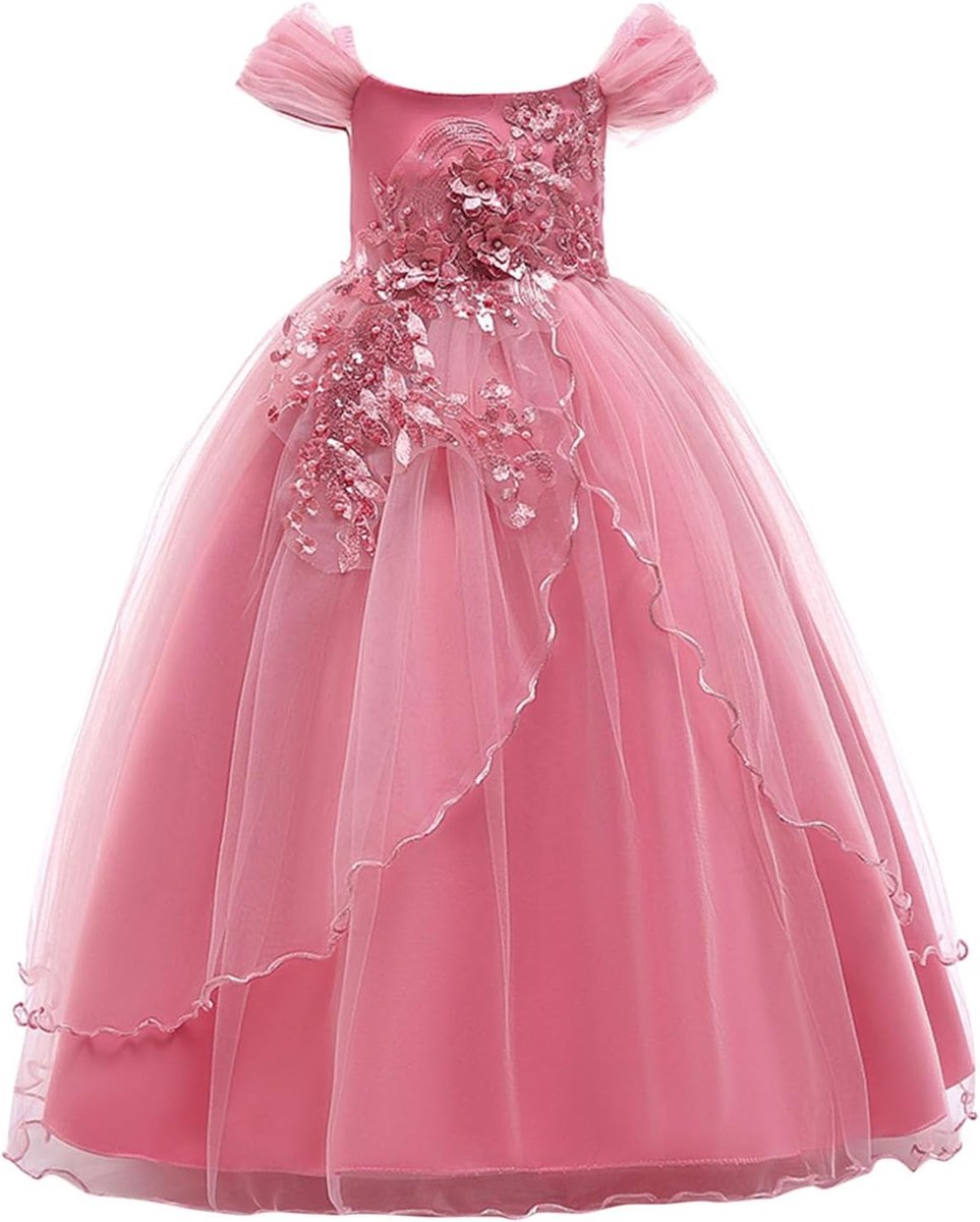 Prinsessenjurk voor meisjes, verjaardag, ceremonie, party, chic, doop, satijn, pailletten, ruches, mouwloos, zomer, kostuum, show, A92