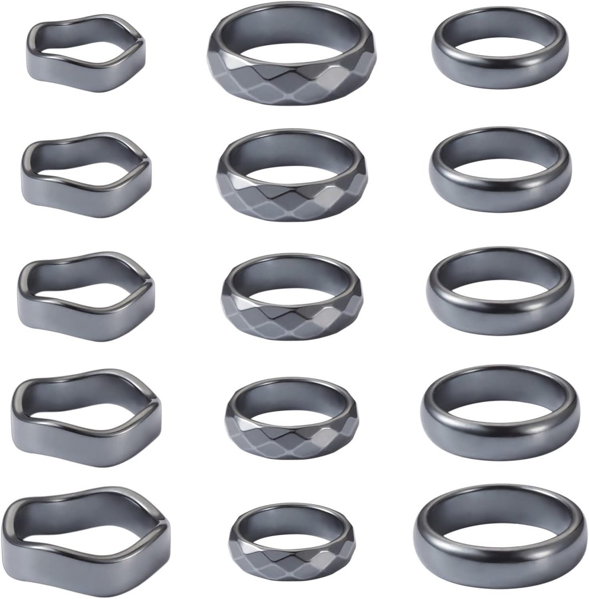 14 Stuks Hematiet Ring Set - 3 Stijl Plain Band Vinger in Gemengde Maat - Zwarte Stenen Angst Balans Energie Ring voor Vrouwen en Mannen