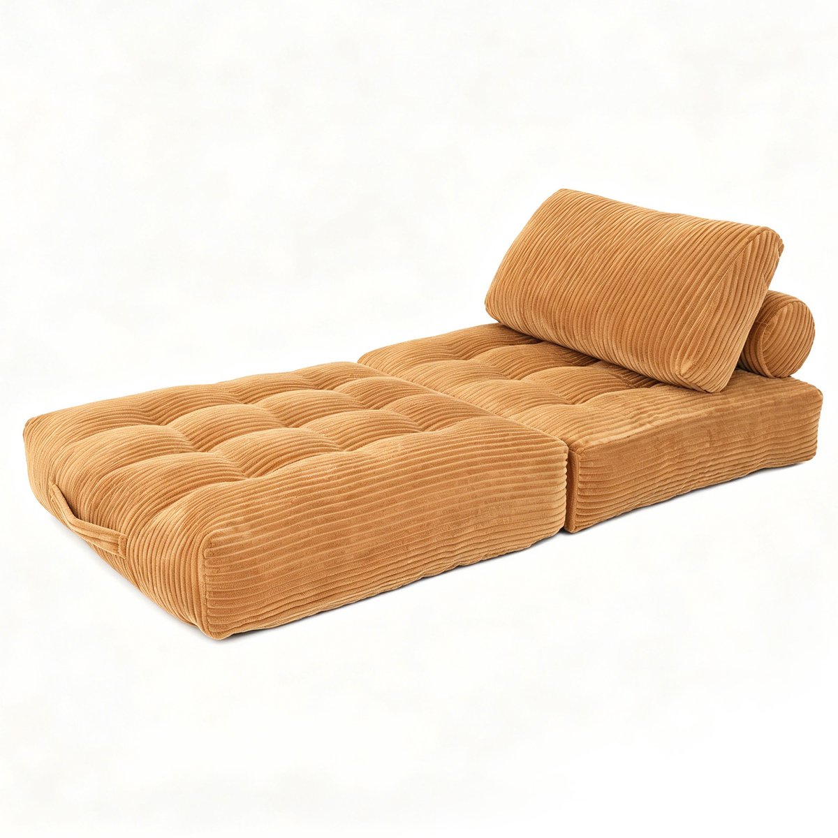 Gecomprimeerde eenpersoons vloersofa met steunkussen, beige, 96 x 96 x 40 cm, schuimvulling en ribstof bekleding