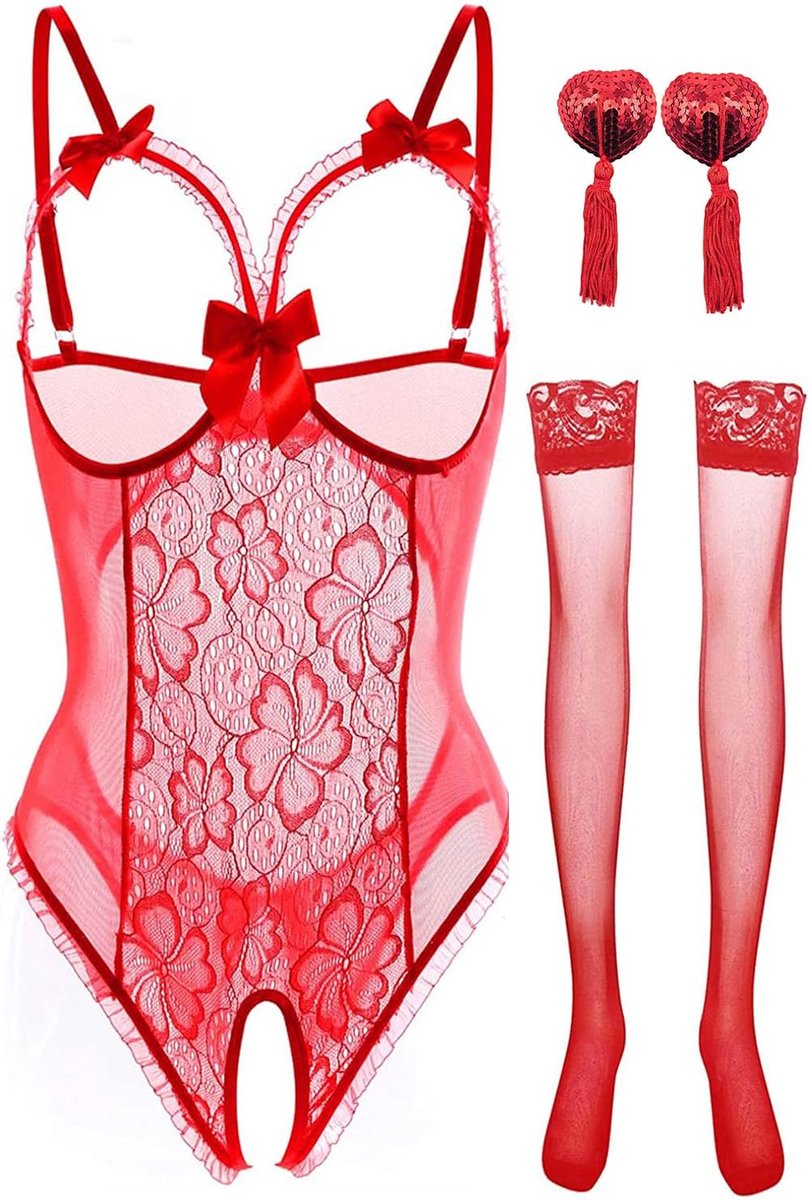 Babydoll voor dames, eendelige pyjama, nauwsluitend ondergoed met kousen, zacht en licht kanten ondergoedset