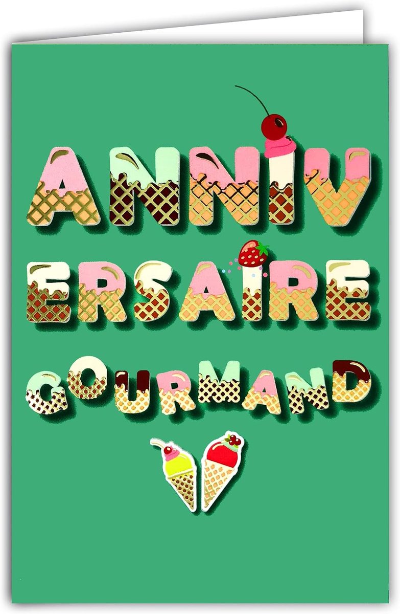 69-9028 Cadeaukaart Gourmand Fruitig Ijs + envelop 12 x 17,5 cm IJshoorntje Letters Woorden Oranje Koper Glanzend Aardbei Kersen Rode Fruit - Creatie Print Gemaakt in Frankrijk