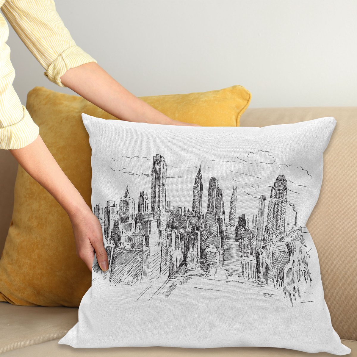 ABAKUHAUS Modern Kussenhoes, Flüchtiges NYC Stadtbild, Digitale Print, Waterbestendig, Kleurecht, Wasbare Kussenhoes met Ritssluiting, 45 x 45 cm, Grijs Wit