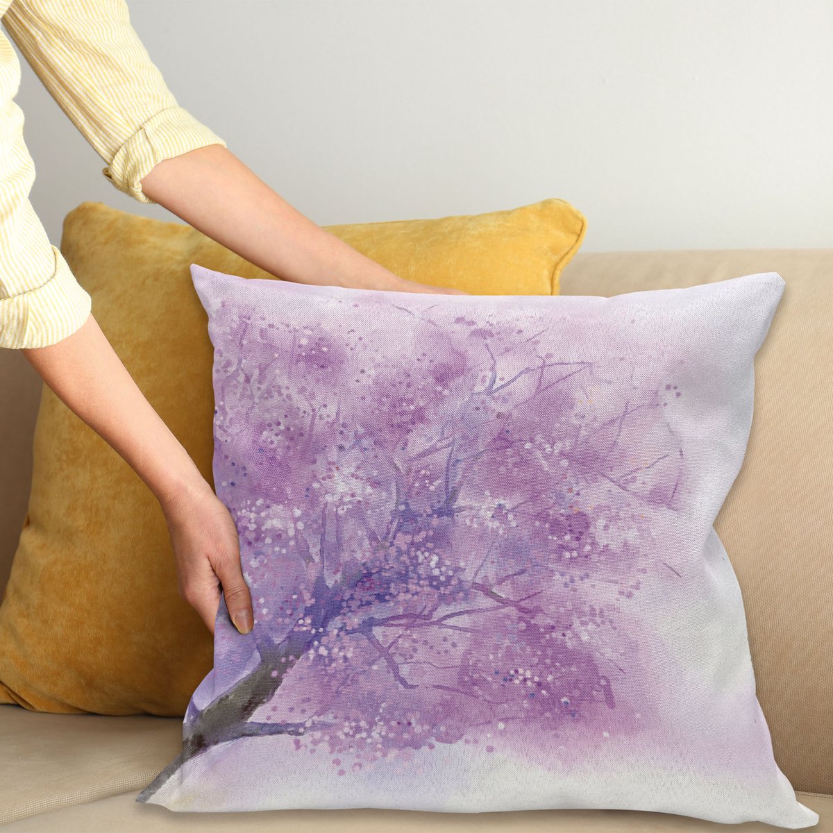 ABAKUHAUS Lila Kussenhoes, Sakura Boom Lente, Kussenhoes met Ritssluiting en Dubbelzijdige Print, 50 x 50 cm, Lila