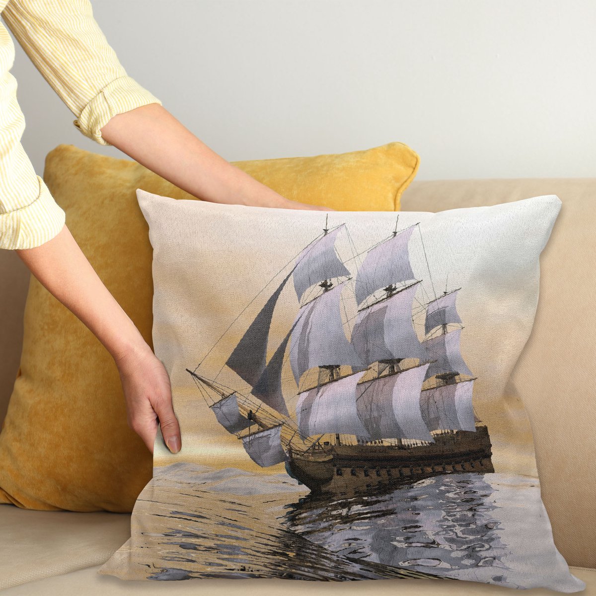 ABAKUHAUS maritim Kussenhoes, Schiff op Oceaan, Wasbare Kussenhoes met Ritssluiting, Kleurechte Heldere Kleuren en Dubbelzijdige Print, 60 x 60 cm, Meerkleurig