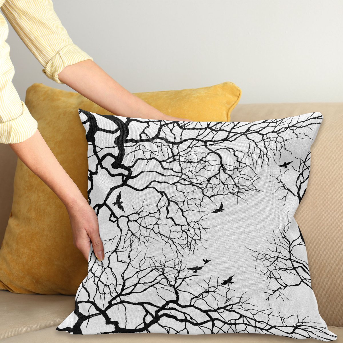 ABAKUHAUS Natuur Kussenhoes, Twiggy Baumzweige, Kussenhoes zonder Binnenkussen, met Ritssluiting, Dubbelzijdige Print, Wasbaar, 50 x 50 cm, Zwart en Wit