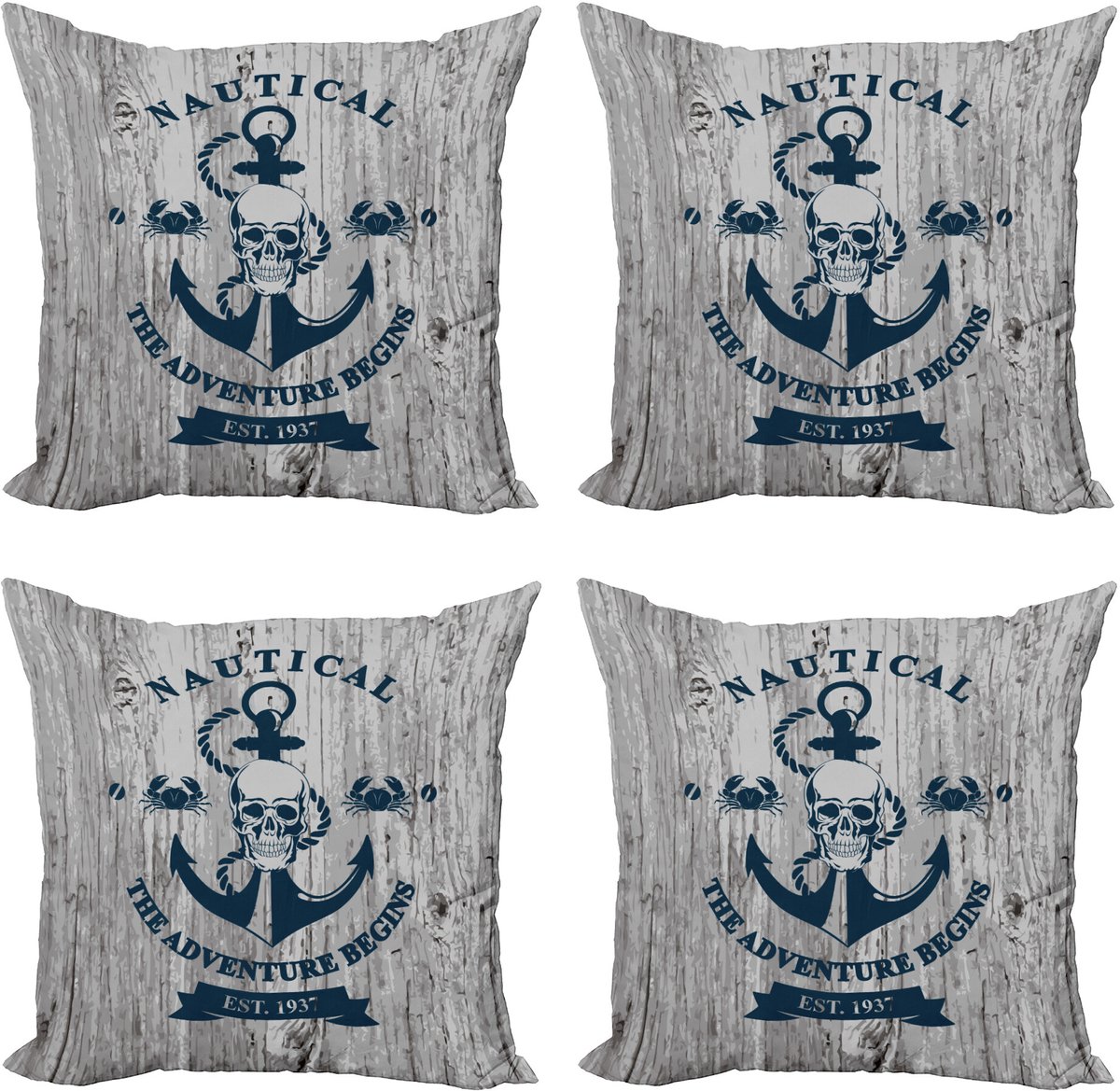 ABAKUHAUS Nautisch Sierkussen Kussenhoes 4er Set, Anker Schädel Zee Seil, Modern Accent Dubbelzijdige Digitale Print, 40 x 40 cm, Beige Marineblauw