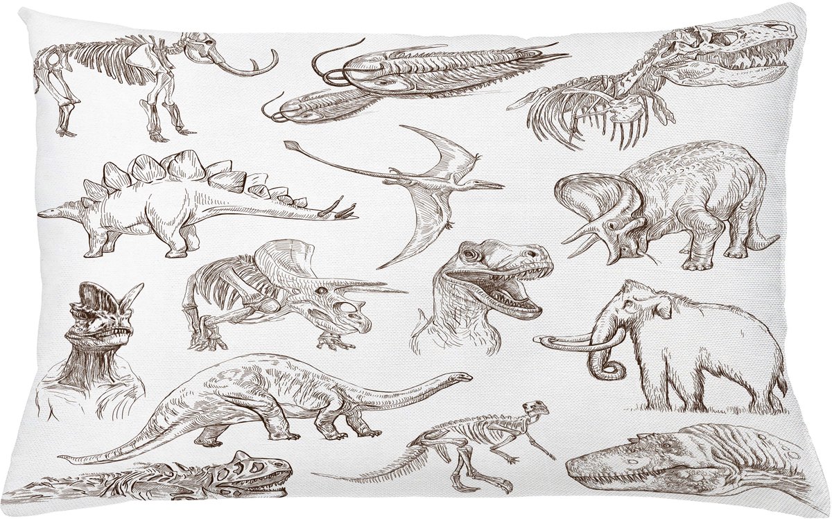 ABAKUHAUS Zwart-Wit Kussenhoes, Dinosaurier-Skelett, Wasbare Sierkussenhoes voor Binnen/Buiten, Dubbelzijdige Print met Ritssluiting, 65 x 40 cm, Donkerbruin Wit