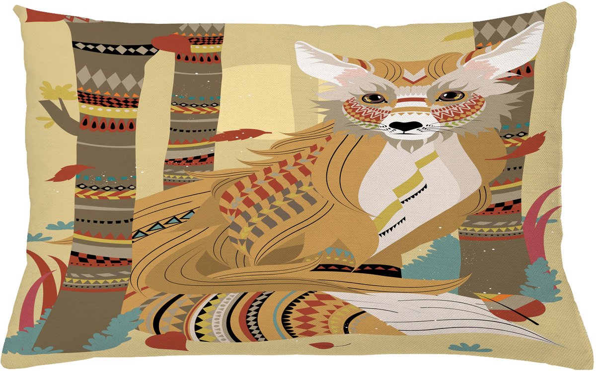 ABAKUHAUS Fuchs Kussenhoes, Fluffy Fox in Bos, Dubbelzijdige Digitale Print met Ritssluiting, Kleurecht, Onderhoudsvriendelijk en Wasbaar, 65 x 40 cm, Blasser Kaffee