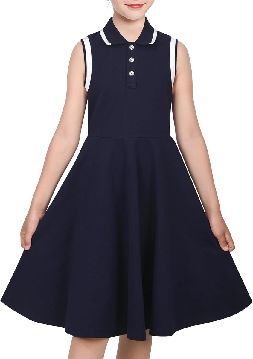 Jurk Marine Brei Polo Halsband School Klassiek Gewoontjes Terug Naar School Elke dag 4-8 jaar