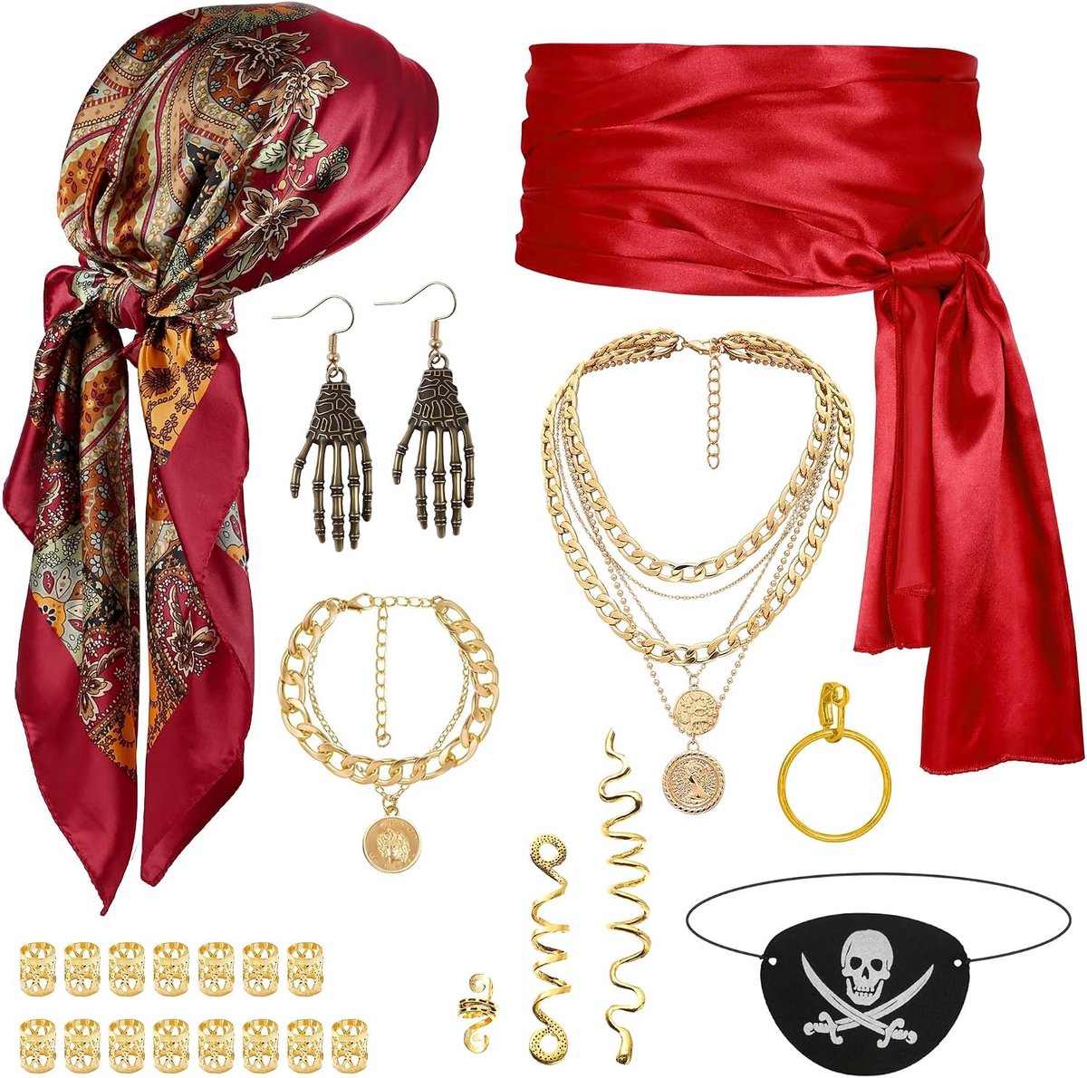 Piratenkostuumaccessoires voor dames, hoofddoek, sjerp, oogklep, halsketting, oorbellen, armband en haaraccessoires voor Halloween, cosplay en middeleeuwse verkleedkleding, rood