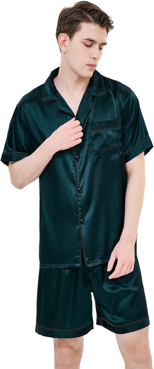 pyjamaset met korte mouwen, zijdeachtige pyjamabroek, hoogwaardige button-down-nachtkleding, veelkleurige zijdeachtige pyjamaset voor heren | Groen XXL, groen, M