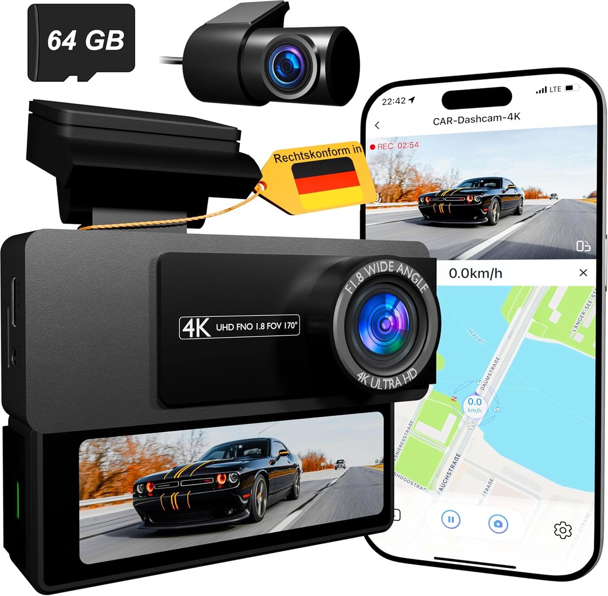 Dashcam voor + achter, 4K/2K, incl. 64GB SD-kaart, 3,2 inch IPS-scherm, nachtzicht, parkeerruimtebewaking, loopopname, G-sensor, WDR, GPS, WiFi, app