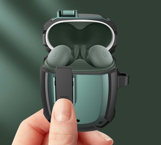 Hoesje voor Google Pixel Buds 2 - dubbellaagse bescherming met harde pc en zachte siliconen aan de buitenkant, schokbestendig, veilig slot, metalen haak, led-zichtbaarheid - zwart — afbeelding 2