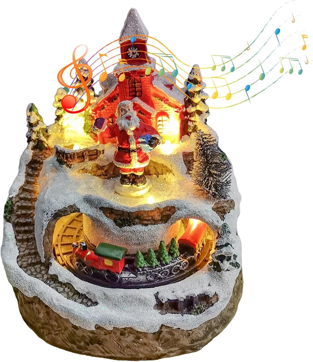 Kerstdorp met verlichting, kerstdecoratie met muziek, kersthuis verlicht van hars, winterdorp met trein, kerststad is batterij- of USB-voeding, kerstdorphuizen (A)