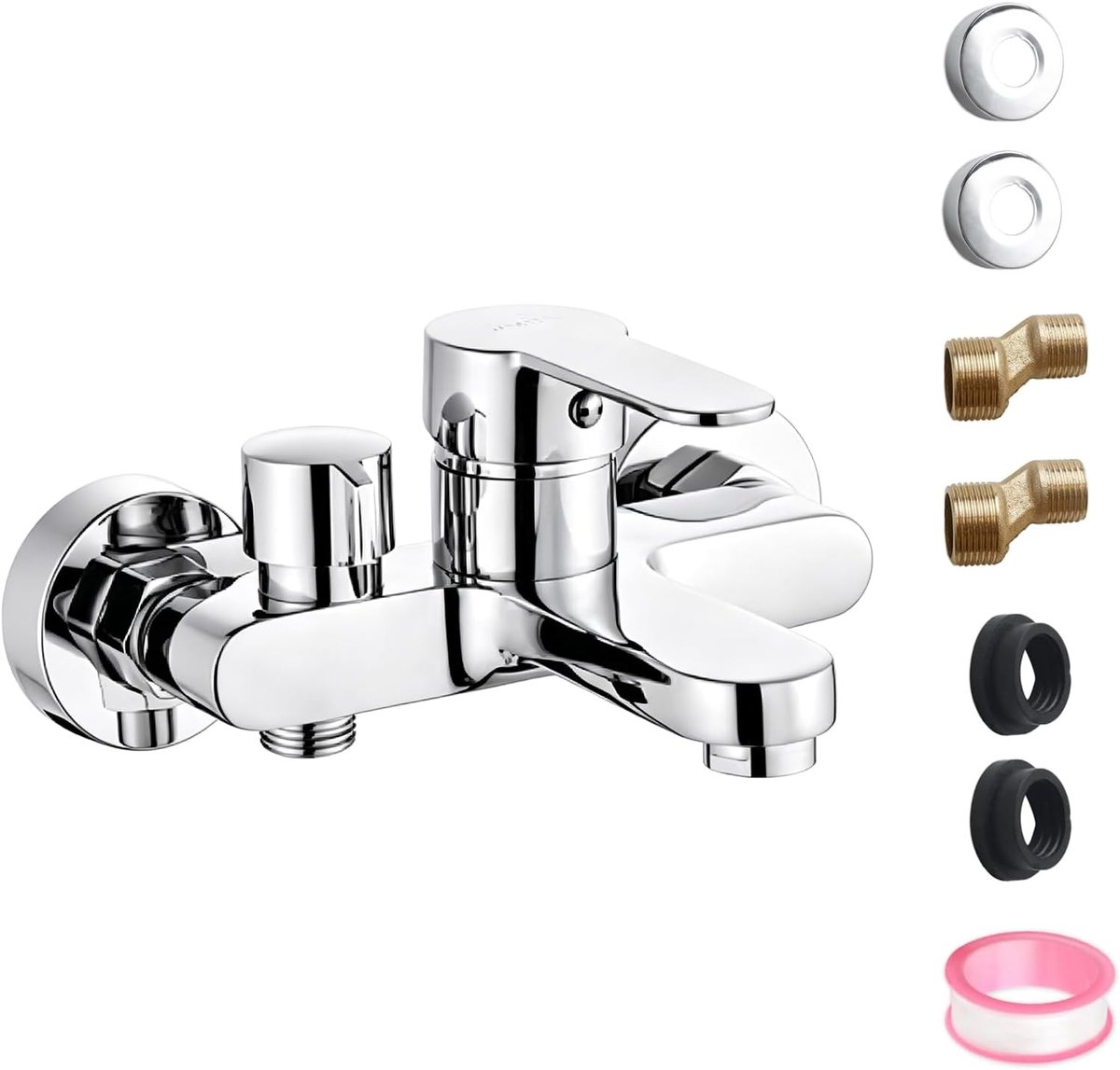 Wandmontage – enkele hendel badkraan van messing, mengkraan bad met keramische cartridge, douchekraan voor bad en douche, kraan badkuip chroom, incl. montageaccessoires