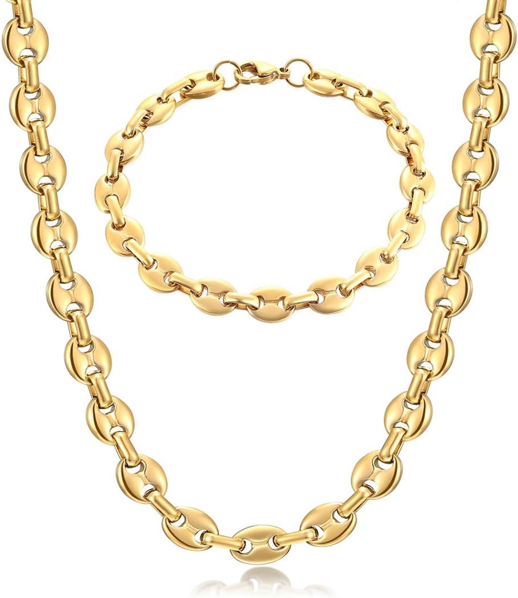 Ketting voor heren, halsketting en armband van roestvrij staal, 6 mm, 9 mm, 11 mm, zilver/goud/zwart, Roestvrij staal, Geen edelsteen