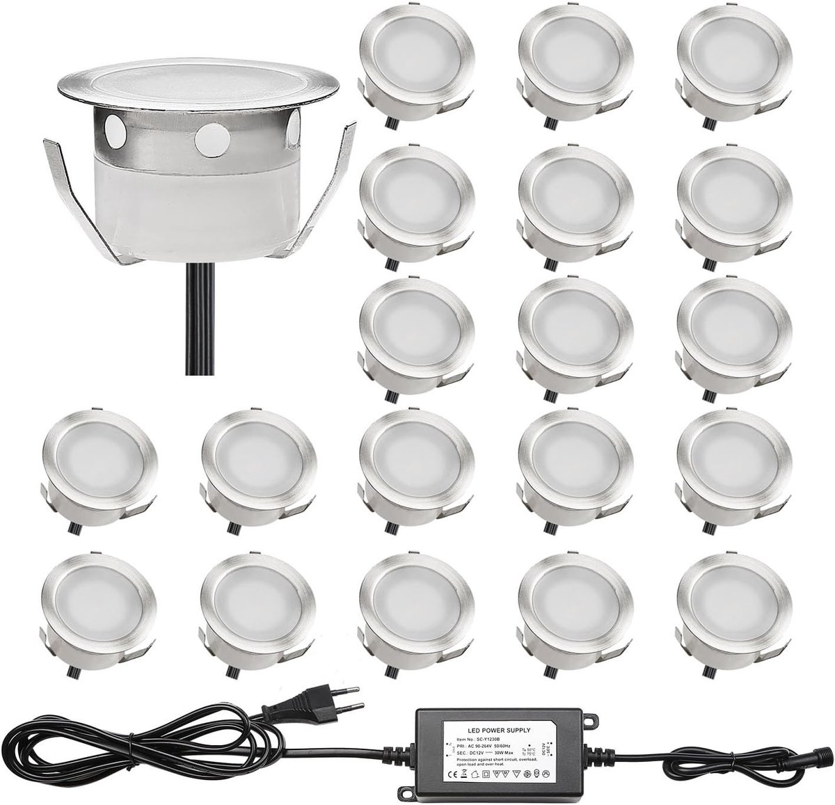 Set van 20 inbouwspots voor terras, hout, led-inbouwspots, waterdicht, voor terras, trap, DC 12 V, waterdicht, IP67 (blauw) [energieklasse A]