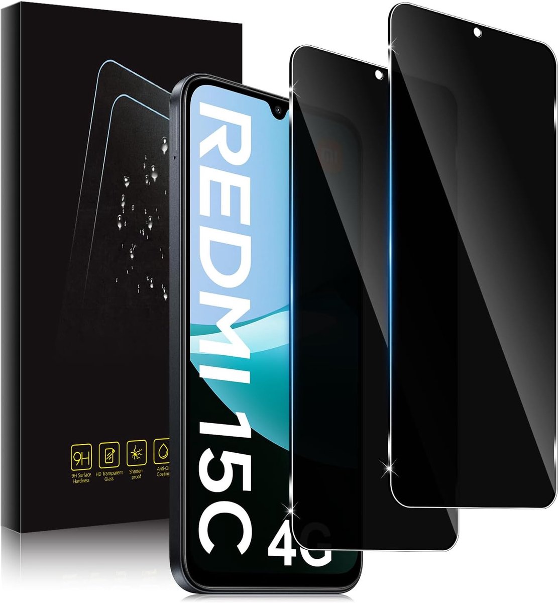Holilo voor Xiaomi Redmi 15C 4G/5G/POCO C85 Anti-Spy Privacy beschermfolie voor pantserglas beschermen displaybeschermfolie, 2 stuks privacybeschermfolie, zwarte rand, privacybeschermglas