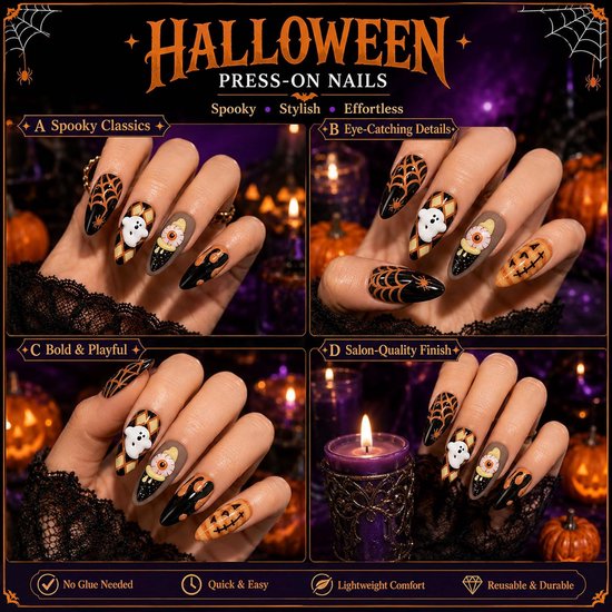 30 Halloween press-on nagels amandel 3D bloed oog pompoen ontwerp — afbeelding 5