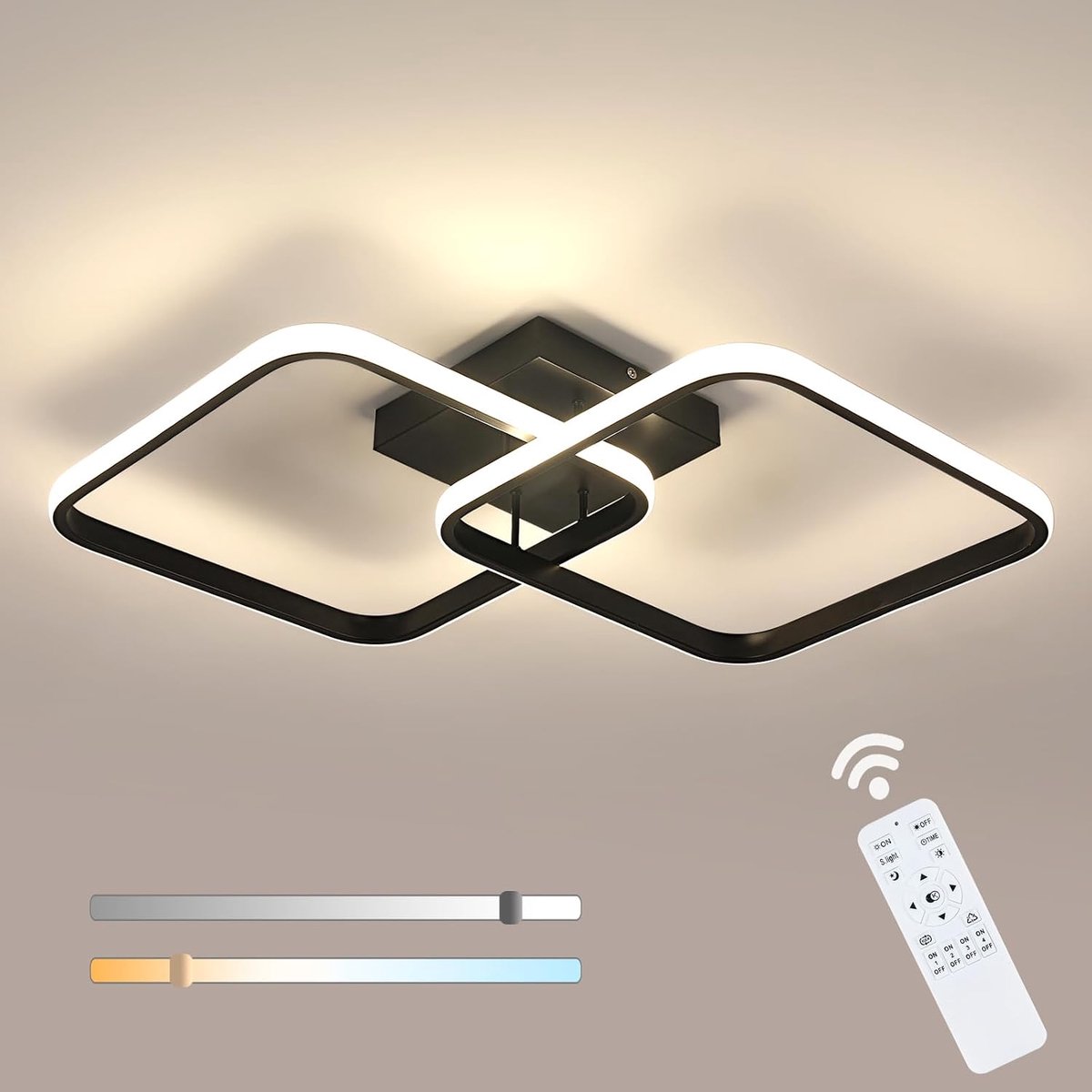 Vierkante Dimbare LED Plafondlamp, 50W 5625LM Moderne LED Plafondlamp, Zwarte Plafondlamp Woonkamer met Afstandsbediening 3000K-6500K voor Slaapkamer Gang, 64CM