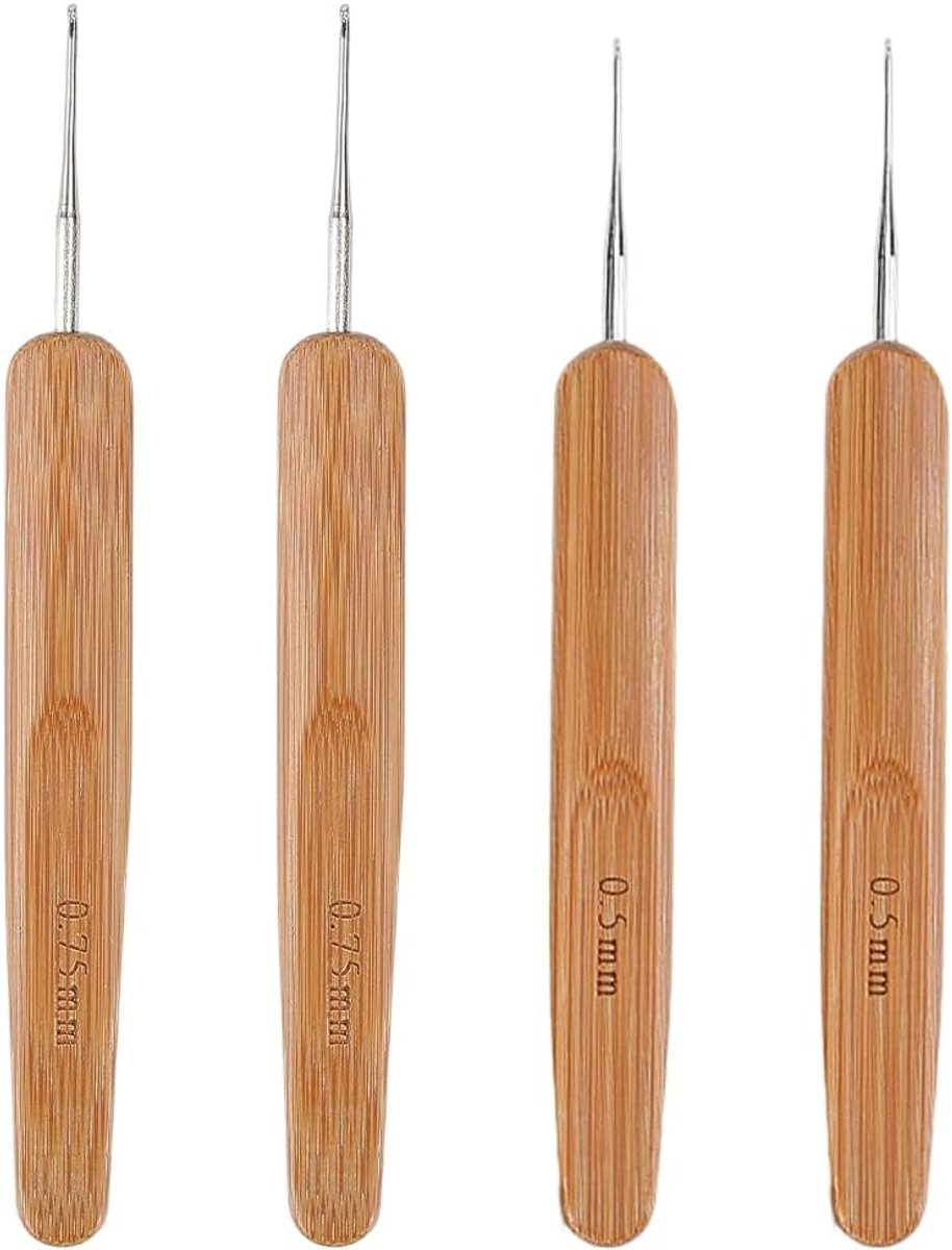 4 haken voor dreadlocks, 0,5/0,75 mm, met handgrepen van bamboe, vlechthalden voor het weven van dreadlocks, doe-het-zelf kappersgereedschap voor dreadlocks, kappersaccessoires