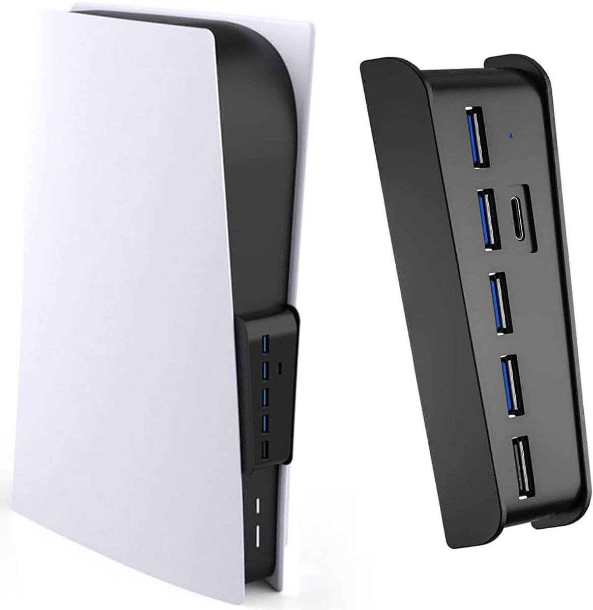 6 poorten USB-hub voor PS5, High-speed uitbreidingsnaaf oplader splitter adapter met 4 USB + 1 USB-oplaadkabel + 1 Type C-poort, voor PlayStation 5 console frontaansluitingen (Zwart)