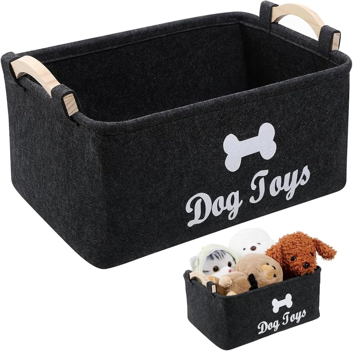 Speelgoedkist voor honden, speelgoedmand van vilt, speelgoedkist voor honden met houten handvat, robuust en duurzaam, voor het opbergen van hondenspeelgoed en accessoires