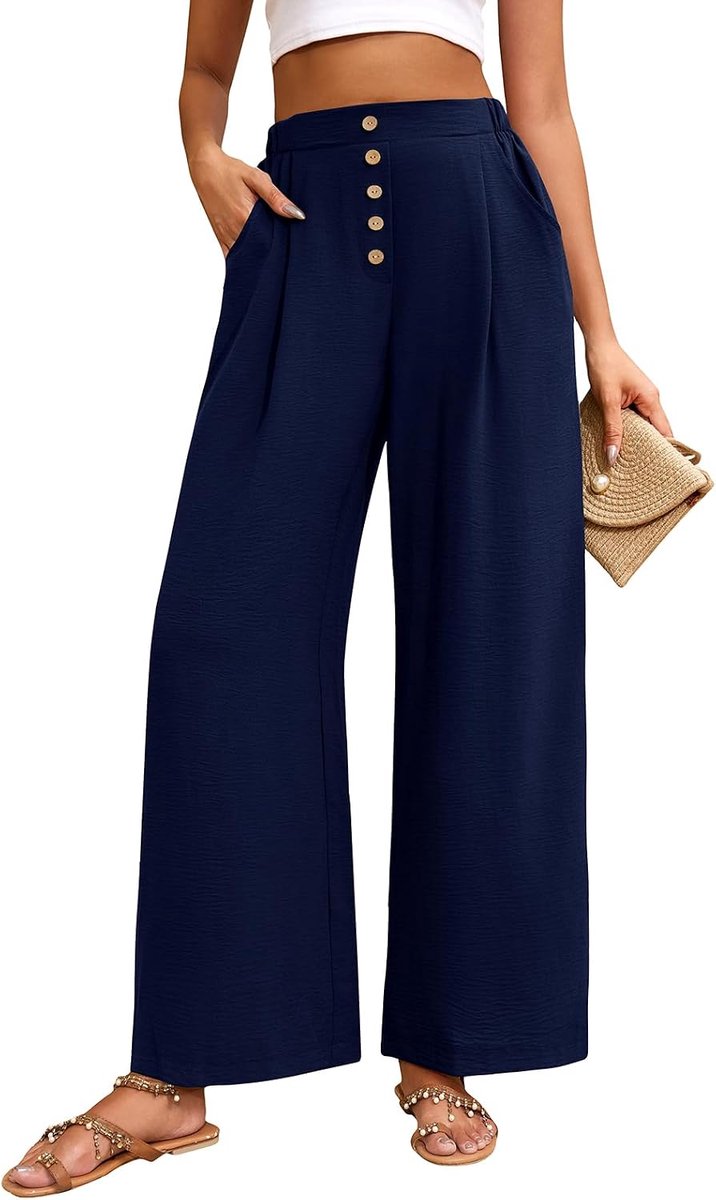 heekpek Dames wijde pijpen broek dames lichtgewicht lounge broek knoop hoge taille zomer palazzo broek elastische taille casual broek met zakken
