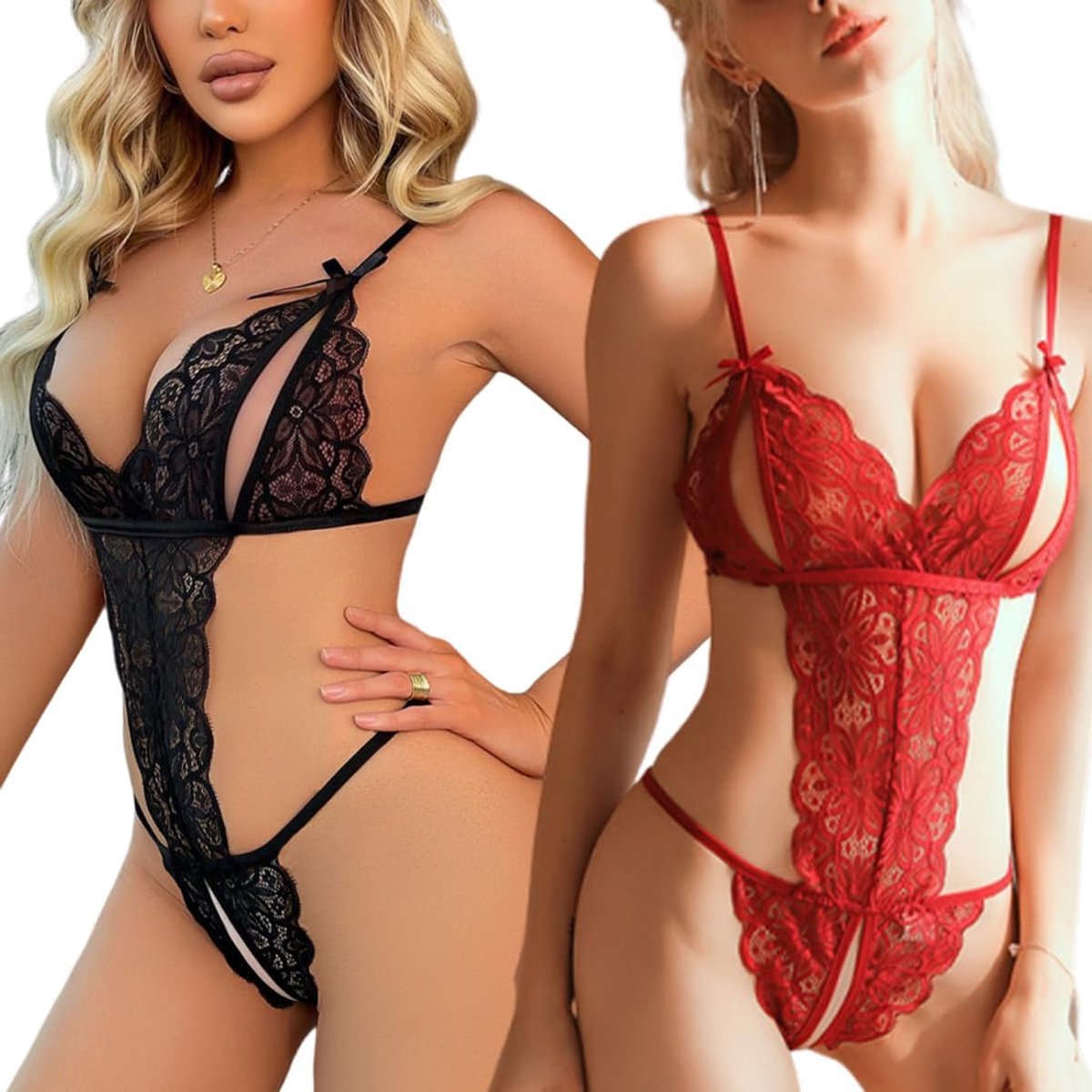 Baby Dolls & Negligees voor dames, transparant, rugvrije bodycon-camisole met V-hals en open kruis, nachthemd/body van kant (2-delig)