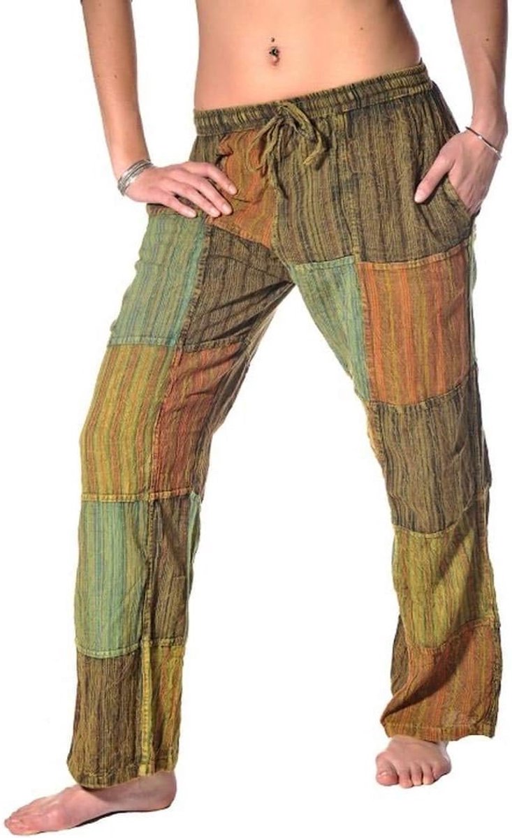 Patchworkbroek, vrijetijdsbroek, fitnessbroek, vissersbroek, Goa, hippiebroek, rechte pijpen, katoen, Nepal, patchwork