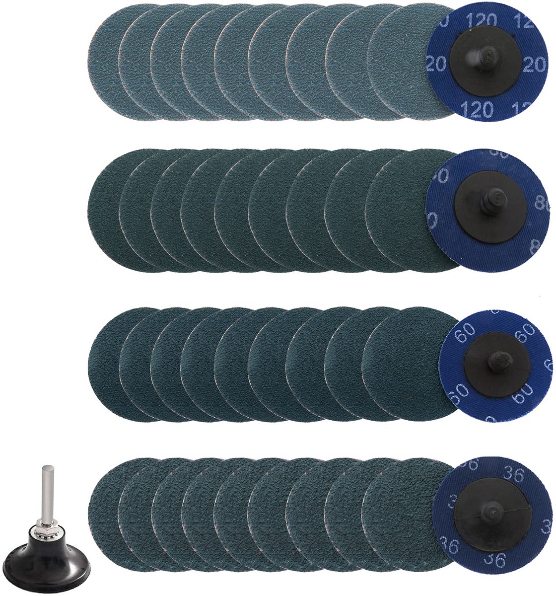 40 stuks 2 inch (36/60/80/120) Zirkonia Roloc Quick Change schuurschijvenset met 1/4" houder. De schuurschijven voor oppervlaktevoorbereiding, afschuinen, roest- en verfverwijdering