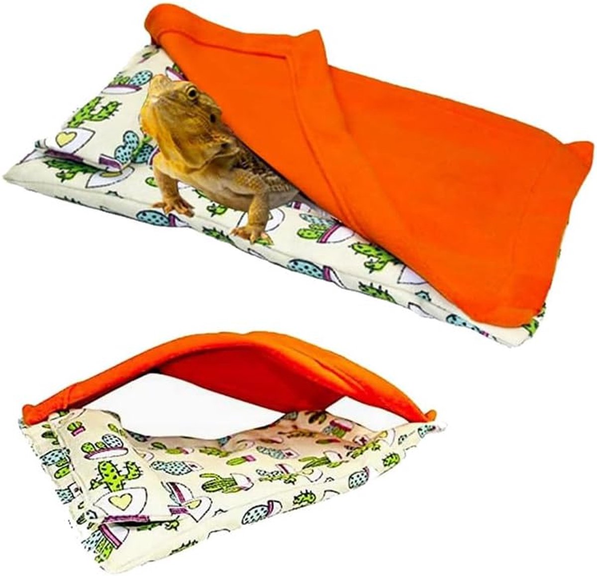 Hangmat slaapzakset voor baardagamen - hangend huisdierbed met kussen en deken, schuilplaats habitat met zacht warm voor baardagaam, leguaan en kleine huisdieren (beige + oranje quilt)