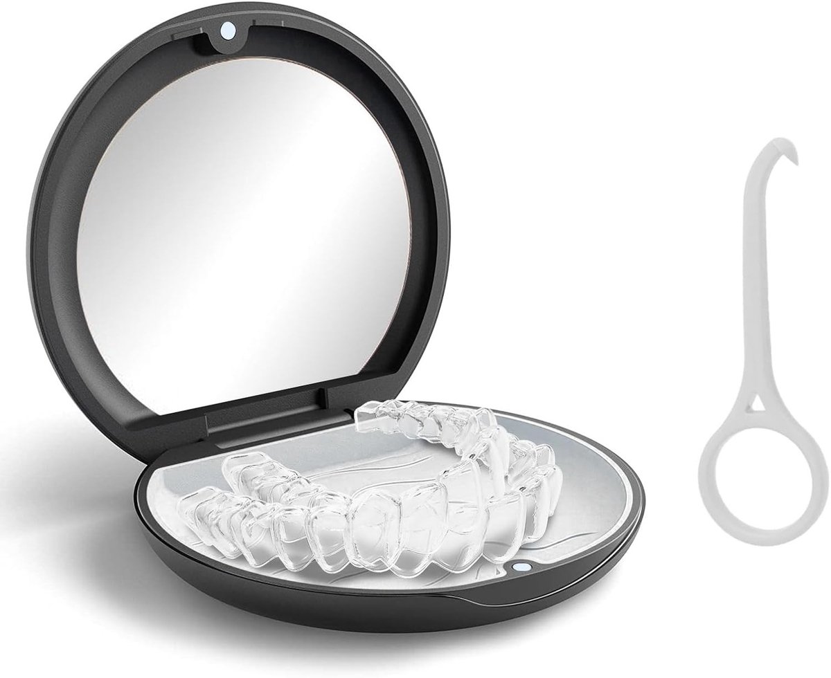 Draagbare denture box met spiegel voor orthodontische retainer en mondbeschermers, inclusief verwijdertool en opbergruimte (Zwart)