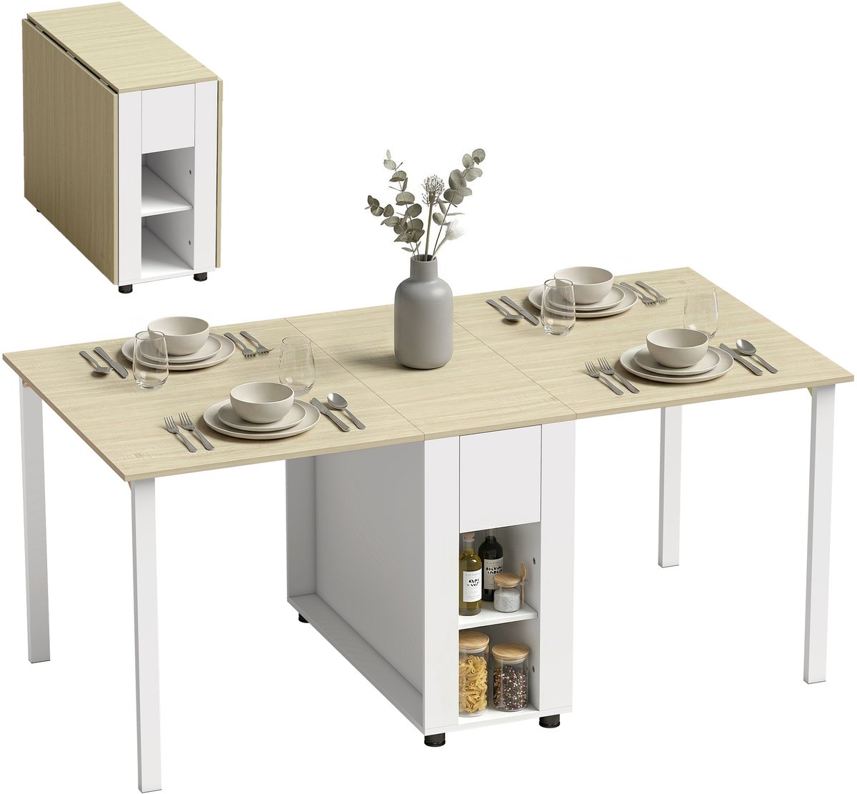 Homcom Inklapbare Eettafel voor 6 Personen - Uitschuifbare Keukentafel - Eetkamertafel - Klaptafel - Wit met Naturel wit, naturel hout