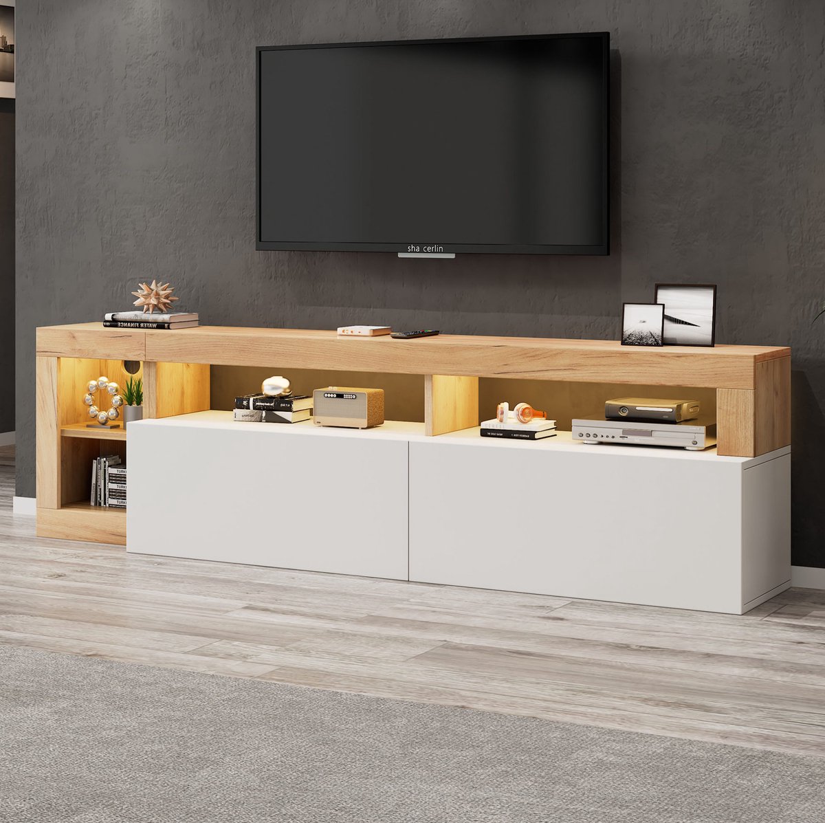 TV Meubel - LED Verlichting En Open Vak - Voor Woonkamer En Slaapkamer - Spaanplaat - Wit En Hout - 184 Cm