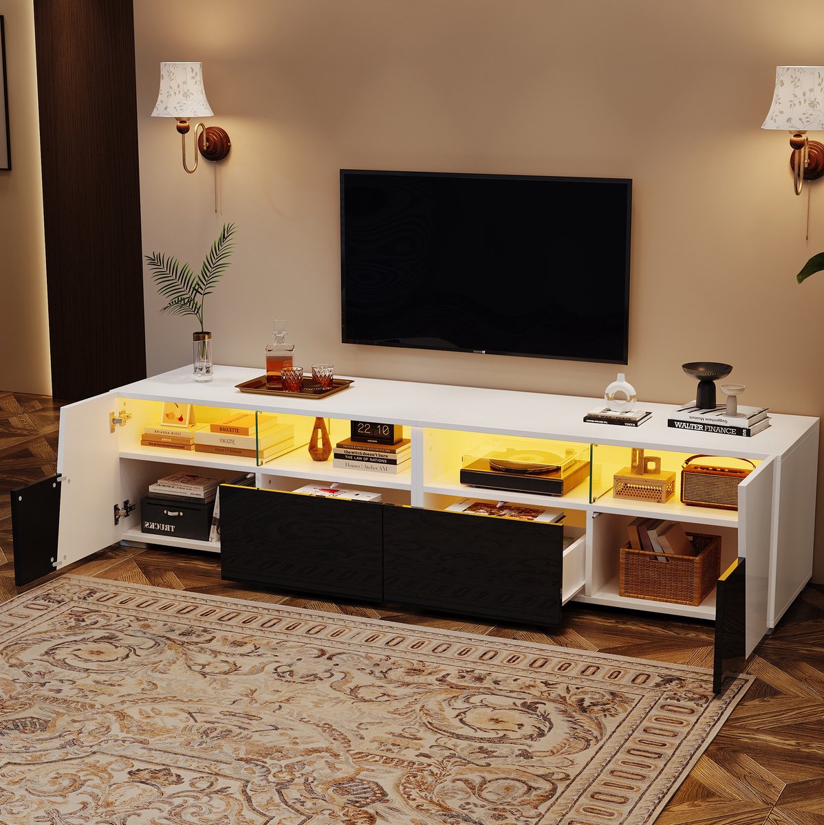 MODENUIT Tv Meubel - Hoogglans Voorzijde Met Led - Voor 80 Inch Tv - Mdf En Glas - 180x38,5x45 Cm - Wit Zwart