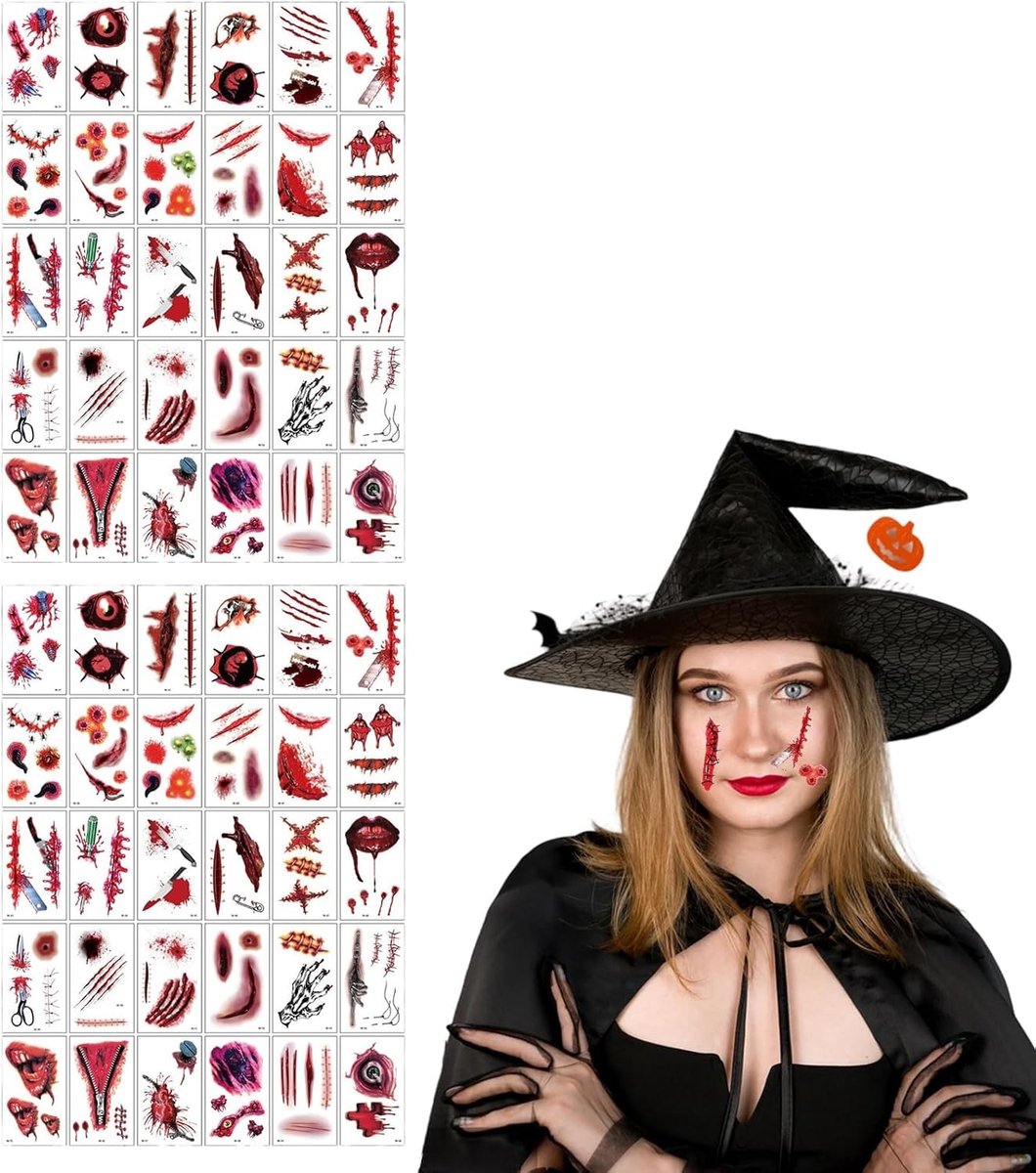 60 Bladen Realistische Wond Tattoos voor Halloween, Schrik Tattoos, Make-up Wond Effecten
