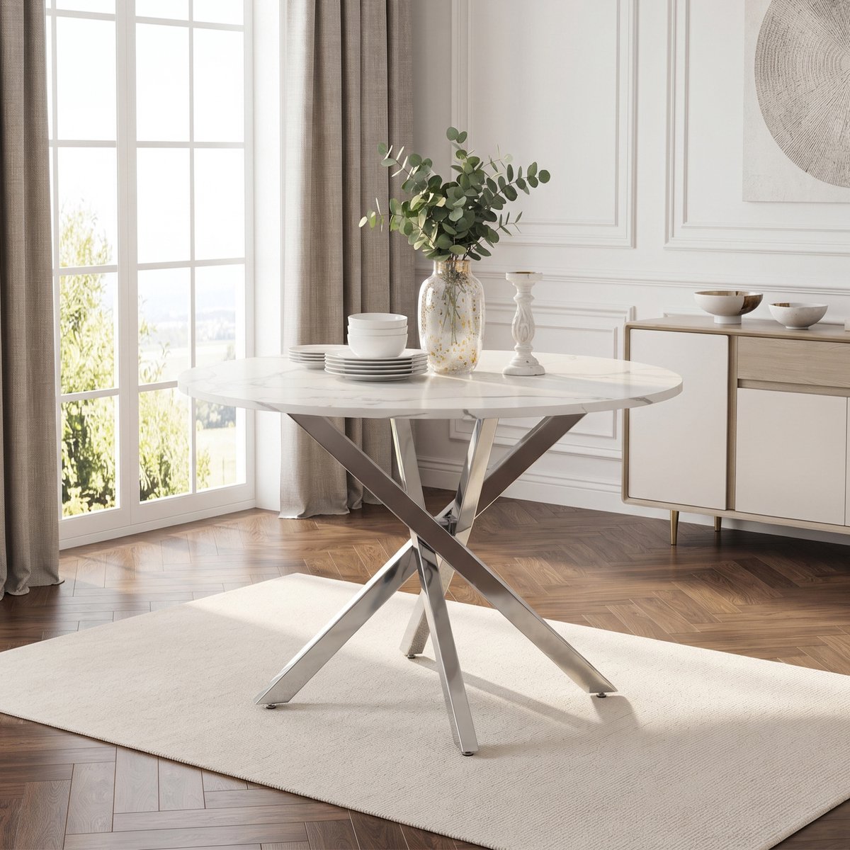 Wishdor Ronde eettafel - Modern minimalistisch - Marmorlook - Zilverkleurige X-poot - Woonkamer keuken eetkamer - MDF en metaal - Zilver wit - Ø 80 x 75 cm