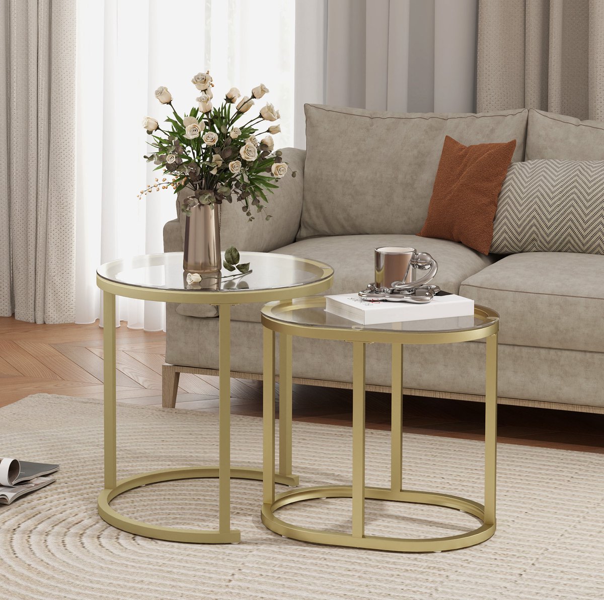 MODENUIT Salontafel - Stapelbaar 2-Delig Voor Woonkamer En Slaapkamer - Glas En Goud - Ø50 En 60x36 Cm