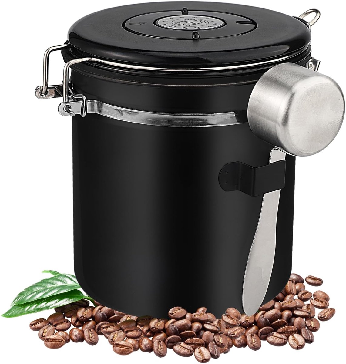 Koffieblik (1,5 l), luchtdichte koffiehouder, roestvrij staal, met lepel, geschikt voor het bewaren van koffiebonen, specerijen, thee en noten (zwart)