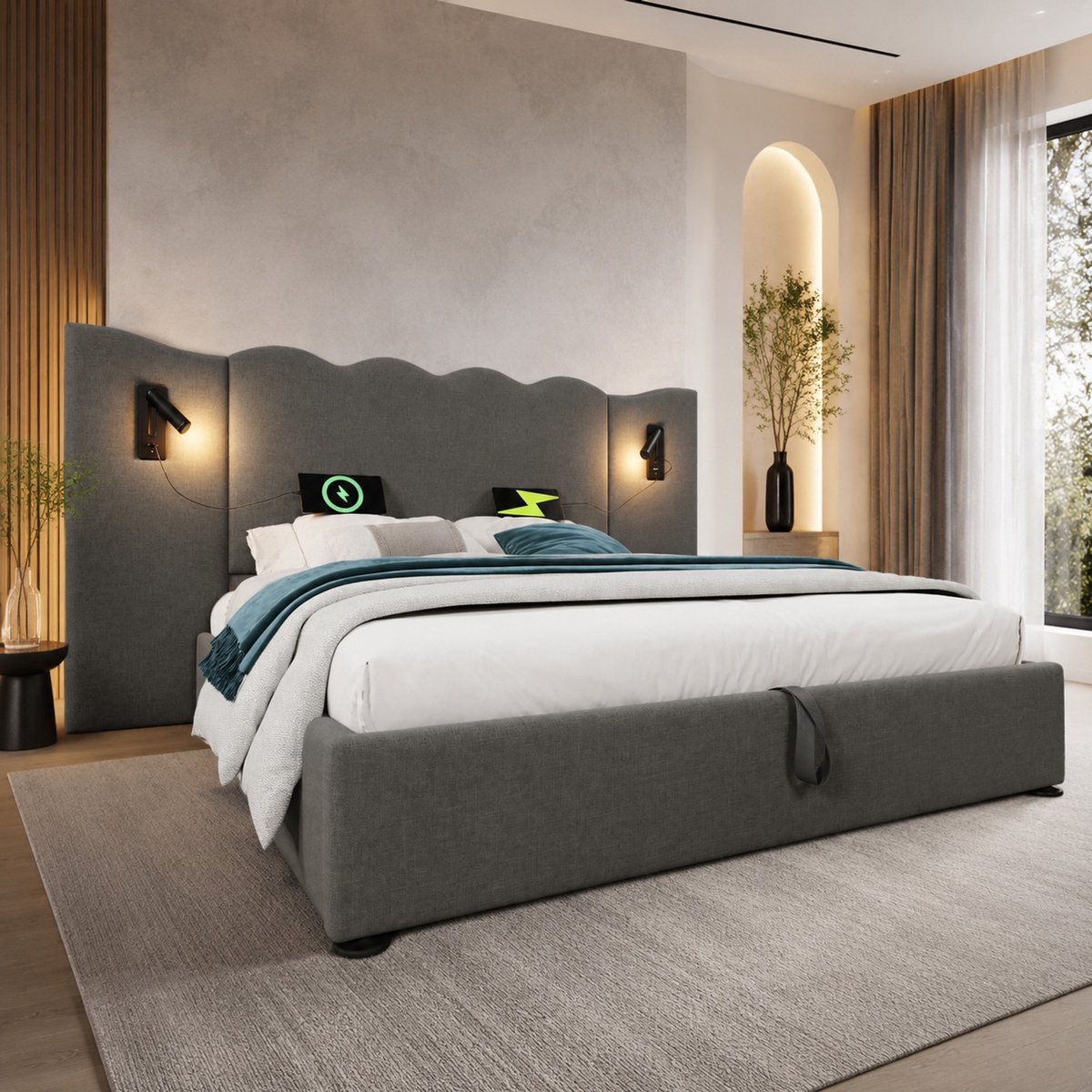 COVREO Bed met leeslamp en USB-C – 232x215x111 cm – Tweepersoons bed met opbergruimte – Metaal, hout en stof – Grijs - zonder matras