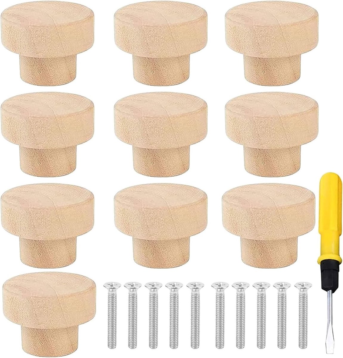 Houten Kastknoppen Set van 10 Stuks, Ronde Handgrepen voor Meubels, 35 x 25 mm, Eenvoudige Montage met Schroeven en Schroevendraaier, Geschikt voor Laden en Deuren